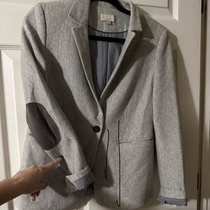LOFT Gray Herringbone Blazer with Elbow Patches